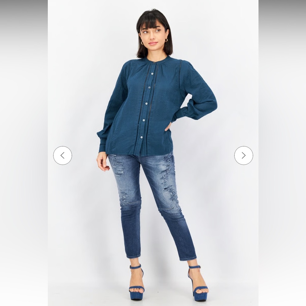 Joie Dark Teal Mandarin Collar Long Sleeves Textured Button Down Blouse XXS